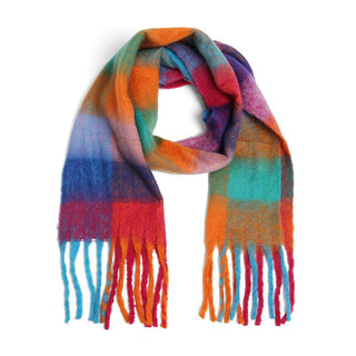 Multi-Color Plaid Oblong Scarf Shawl with Fringe Fashion City