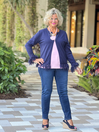 LULU-B NAVY CASHMERE FRINGE FANCY CARDIGAN LULU-B