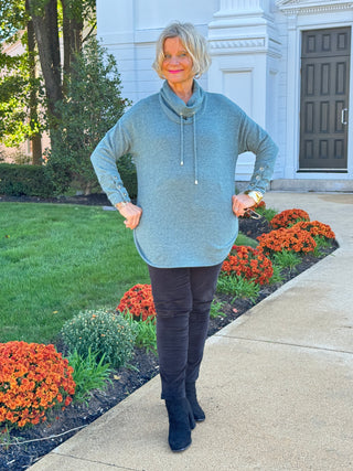 Women's Cowl Neck Cozy Hatchi Drawstring Top FOREST