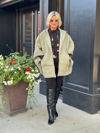 Oversize Quilted Puffer Hood Cape Poncho  SAGE