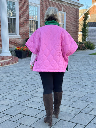 Quilted Short Sleeves Puffer Pullover Poncho Pink