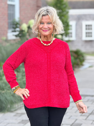 Women's Luster Chenille V-Neck Cable Sweater RED Cathys Place