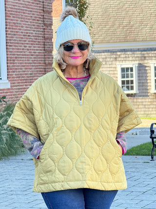 Quilted Short Sleeves Puffer Pullover Poncho Mustard Cathys Place