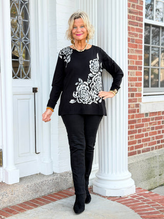 Women's Floral Placement Eyelash Sweater BLACK Cathys Place