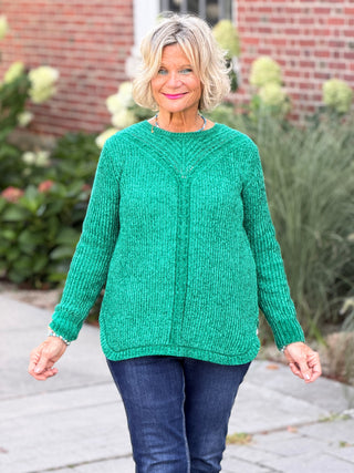Women's Luster Chenille V-Neck Cable Sweater EMERALD Cathys Place