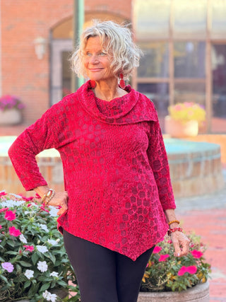 Women's Split Cowl Neck Animal Jacquard Chenille Top RUBY Cathys Place