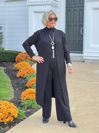 Ladies Solid Color Open Knit Cardigan & Pants 3PCS Set Cathys Place