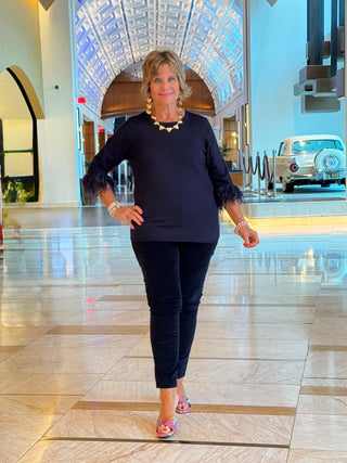 LULU-B NAVY CASHMERE SCOOP NECK FRINGE TOP