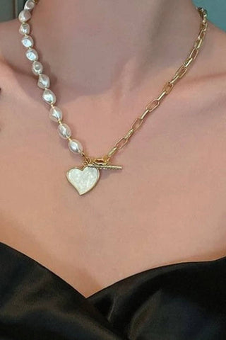 LDC Heart Pendant Rhinestone Decor Pearl Chain Necklace