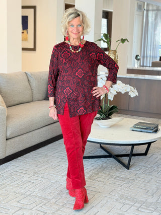 Women's Floral Flocked Texture Lace Trim Top Red Cathys Place
