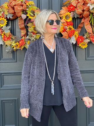 LULU-B CHARCOAL CHENILLE CARDIGAN