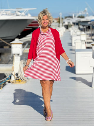 NAUTICAL RED SLEEVELESS RUFFLE DRESS LULU-B