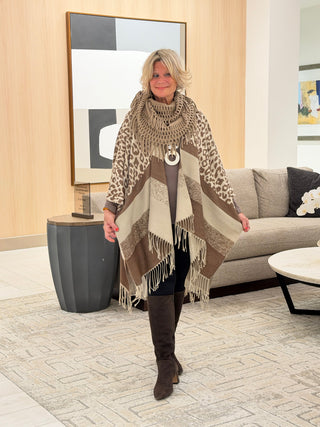 Leopard Bold Striped Oversized Slouchy Western Cape Poncho Cap Zone