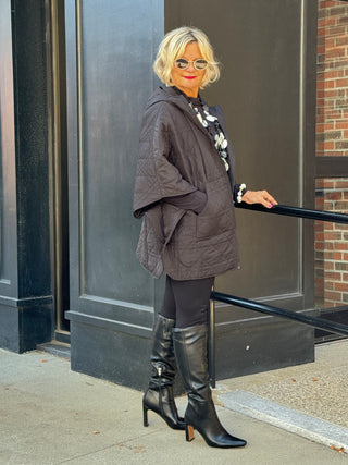 Oversize Quilted Puffer Hood Cape Poncho BLACK