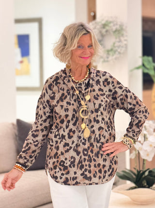 Women's Cozy Leopard Cowl Neck Top TAN Cathys Place