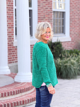 Women's Luster Chenille V-Neck Cable Sweater EMERALD Cathys Place