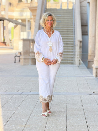 Embroidered Linen Blend Blouse - White CHARLIE B
