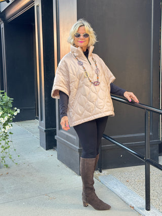 Quilted Short Sleeves Puffer Pullover Poncho BEIGE