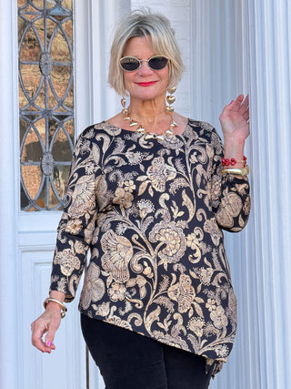 Women's Gold Foil Floral Printed Knit Top Cathys Place