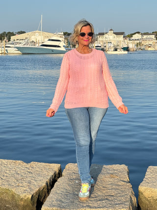 Cable-Knit Cotton PINK CREW Neck Sweater