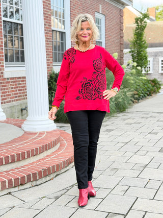 Women's Floral Placement Eyelash Sweater RED Cathys Place