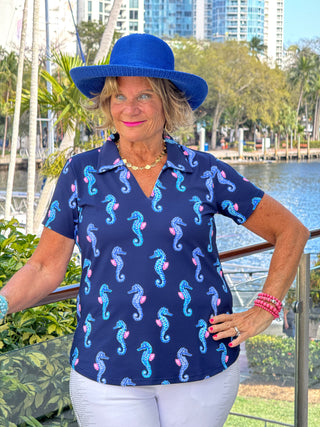 LULU B MIDNIGHT REEF SHORT SLEEVE V-NECK COLLAR TOP