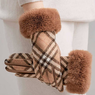 Classic Contrast Plaid Faux Fur Gloves MKS America