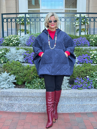 Oversize Quilted Puffer Hood Cape Poncho  NAVY