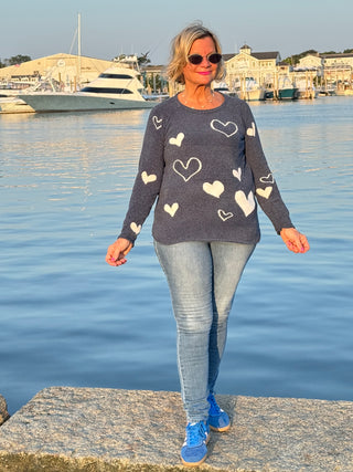 NAVY HEART CHENILLE SWEATER