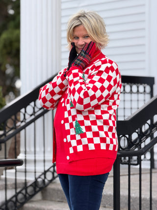 LDC Checkered Christmas Tree Pattern Button Sweater Cardigan Cathys Place