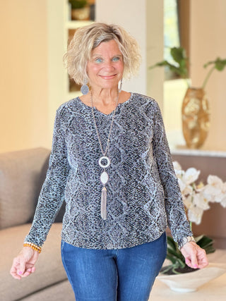 LONG SLEEVE METALLIC TEXTURED KNIT TOP Cathys Place