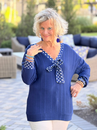 Spring Polka Dot Trimmed V Neck Bow Tie Textured Ribbed Top Cathys Place