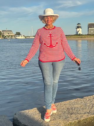 RED AND WHITE STRIPE ANCHOR SWEATER SHIPS WEEK OF AUGUST 25TH