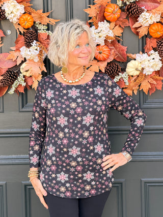 SNOWFLAKE PRINT LONG SLEEVE BOAT NECK TOP Cathys Place