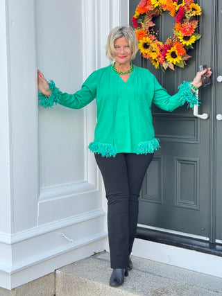 LULU-B EMERALD CASHMERE FRINGE FANCY CARDIGAN LULU-B