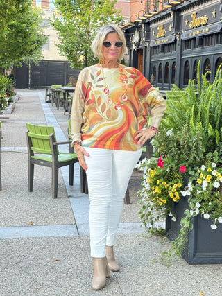 Cream Fall Leaves Round Neck Knit Printed Sweater