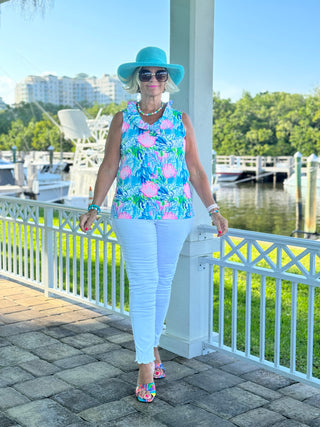 SEASHELL BEACH SLEEVELESS RUFFLE TOP