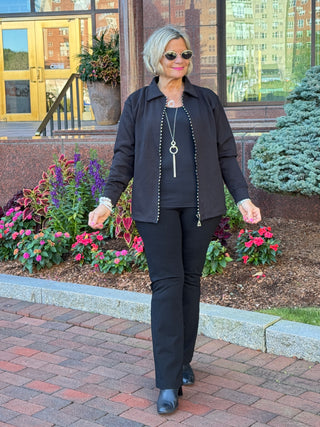Crystal Zipper Cardigan with Collar Black