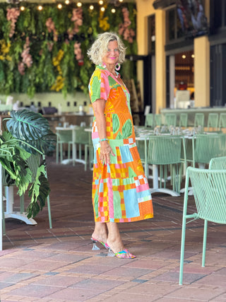 Casual Bohemian ORANGE high-waisted color contrast dress Cathys Place