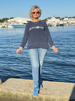 CHENILLE BEACH TIME NAVY CREW SWEATER
