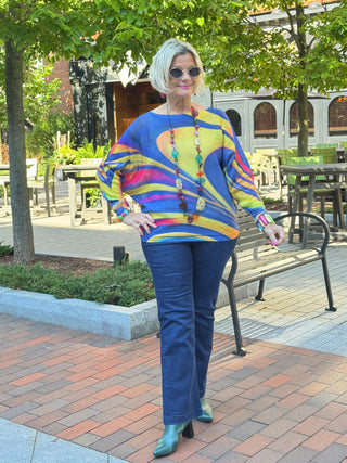 VIWAN Navy Wavy Round Neck Knit Printed Sweater