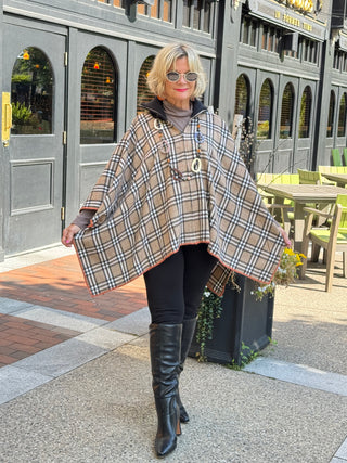 Flannel Plaid Zip Front Poncho BEIGE AND BLACK