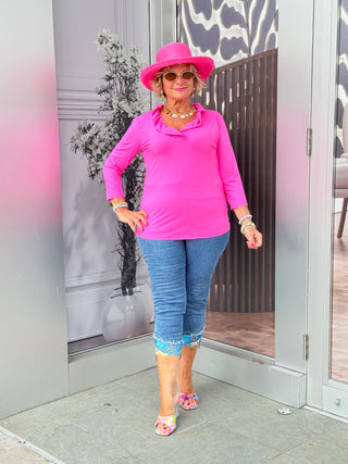 HOT PINK 3/25 SLEEVE RUFFLE TOP