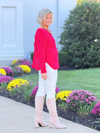 Women's Luster Chenille V-Neck Cable Sweater RED Cathys Place