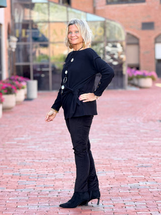 Women's Rib Knit Boat Neck Side Tie Top BLACK Cathys Place