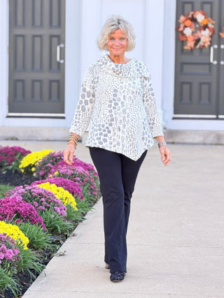 Women's Split Cowl Neck Animal Jacquard Chenille Top IVORY Cathys Place