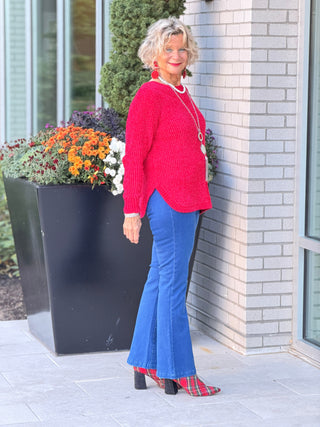 Women's Luster Chenille V-Neck Cable Sweater RED Cathys Place
