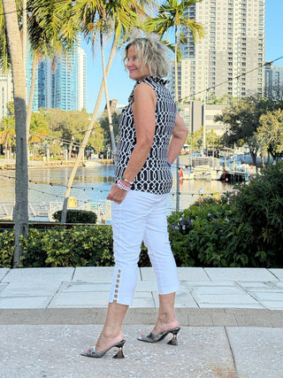 LULU B MIDNIGHT TRELLIS SLEEVELESS RUFFLE TOP LULU-B