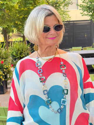 Beige Heart Round Knit Printed Sweater