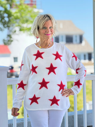 LULU B DOCKSIDE WHITE RED STAR FUZZY SWEATER LULU-B